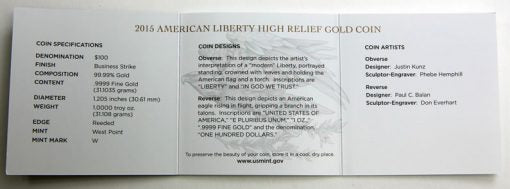 2015-W 1oz High Relief American Gold Liberty NGC/PCGS MS70