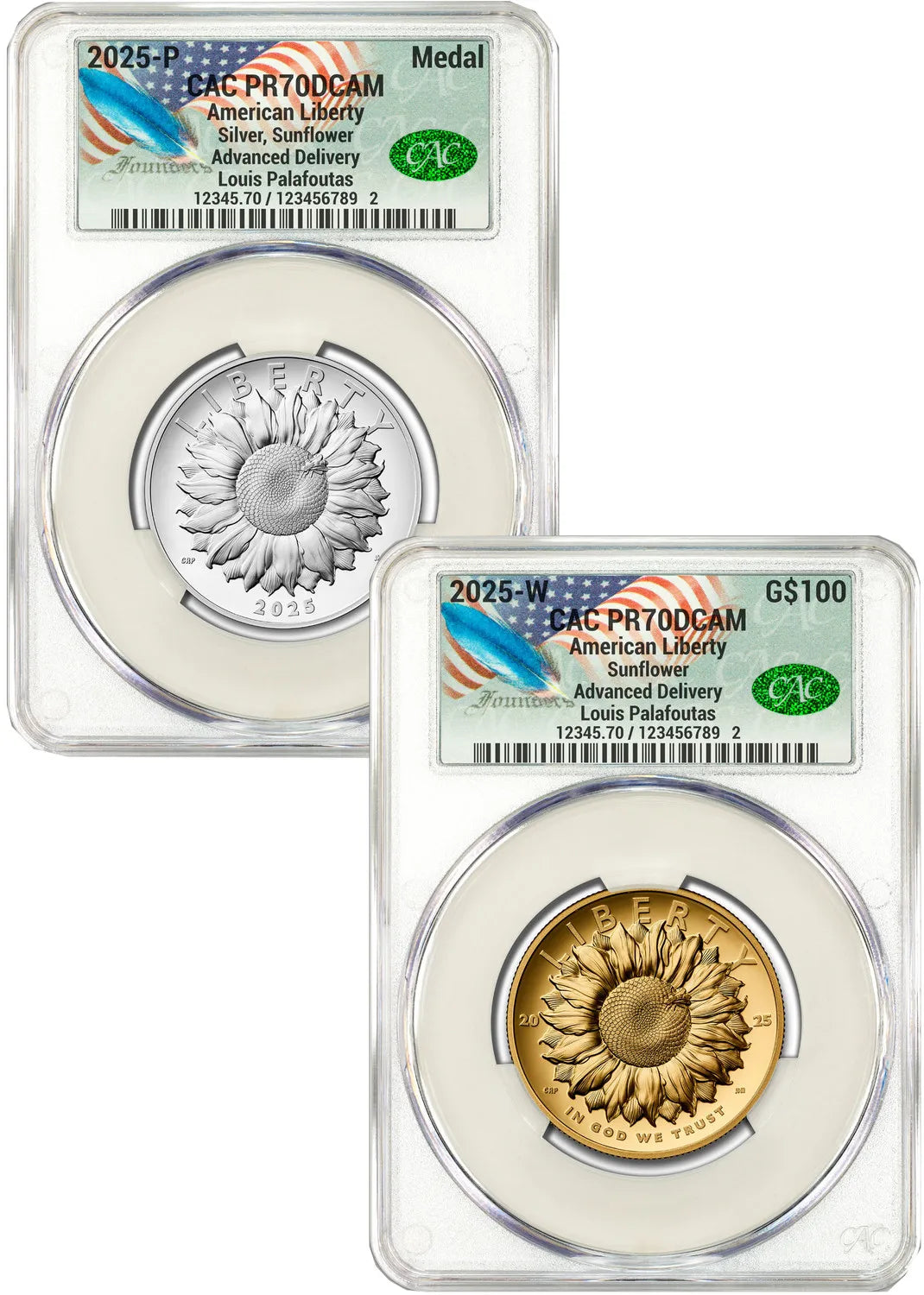 2025-W & 2025-P American Liberty Series Two-Coin Set AD CACG PF70 Founders U.S. Mint