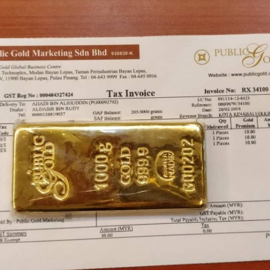 Public Gold Bullion Bar (Au 999.9) Gold 1000g - L