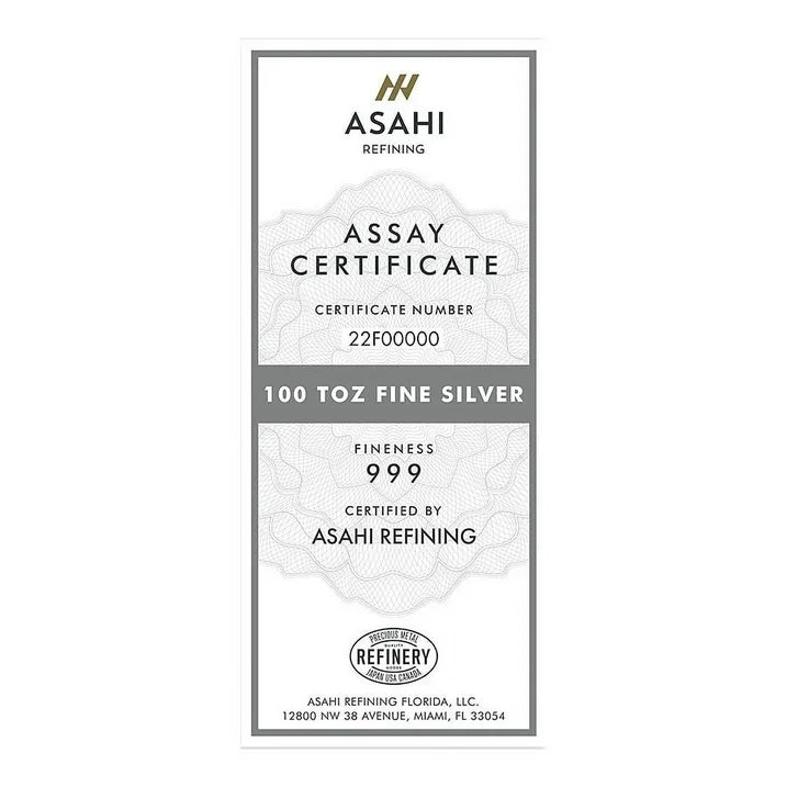 100 oz Asahi Silver Bar .999 Fine (Serialized)